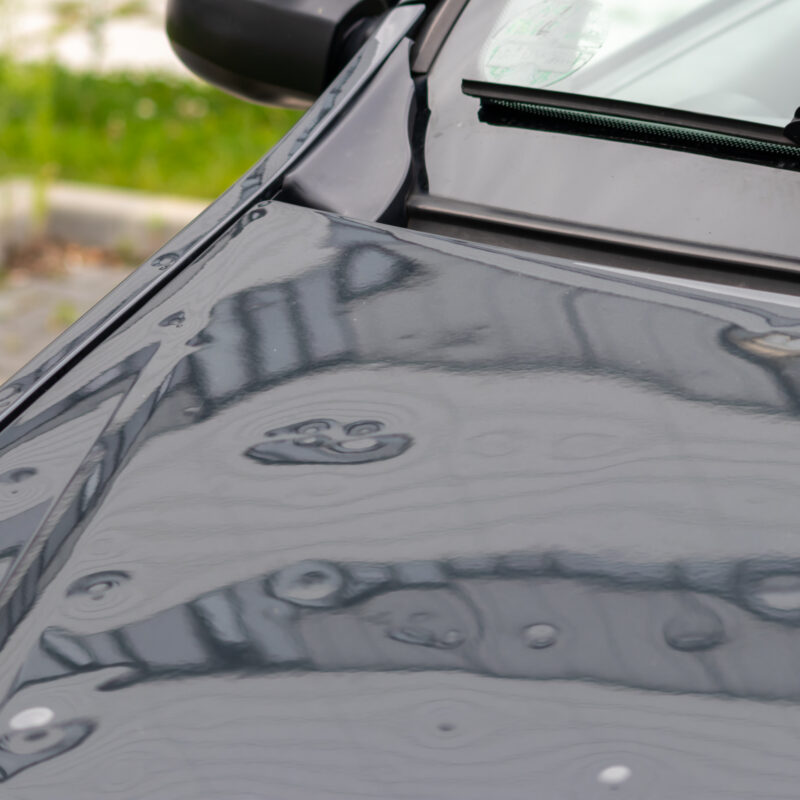 Bumped car engine hood after heavy storm as extreme weather and fallen trees and hail damage shows car insurance needs for auto repair and weather insurance for victims and emergency coverage danger